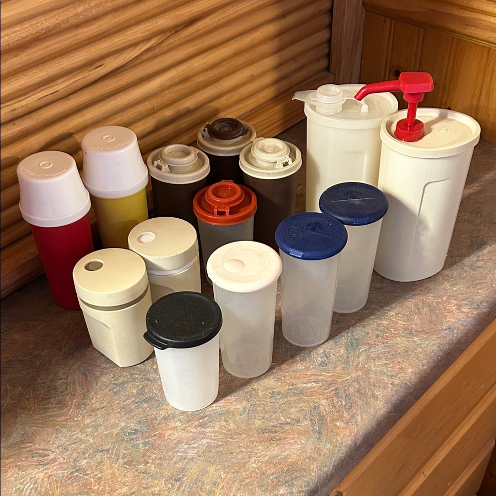 EUC Tupperware Food Storage Misc condiment Set - Red, Blue, White, Black, Orange